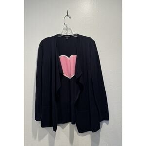 Talbots Size XS Open Front Open Cardigan Navy Pink Heart On Back Valentines Boho